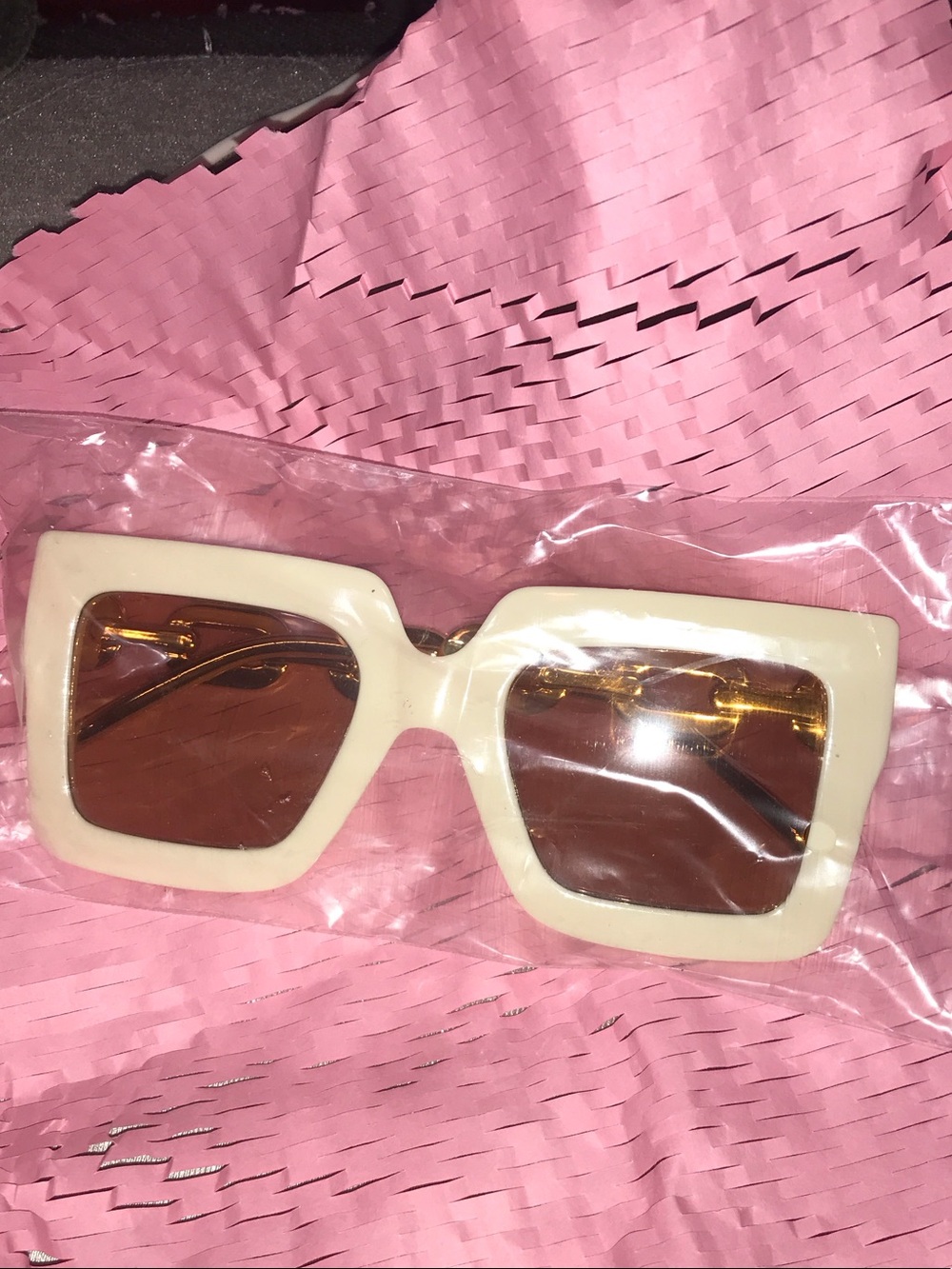 Ivory Square Frame Sunglasses with Brown Lenses & chain detailing